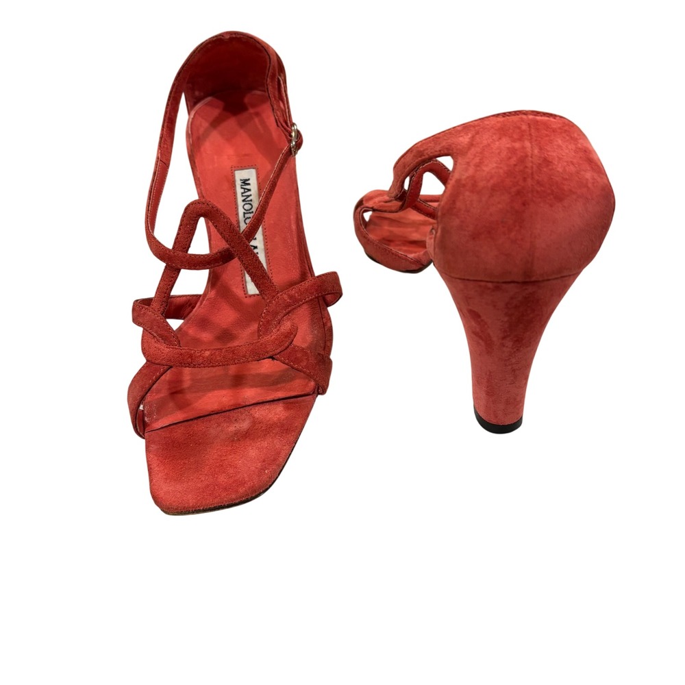 Manolo Blahnik Red Suede Strappy Block Heel Sandals Square Toe Italy Size 36
